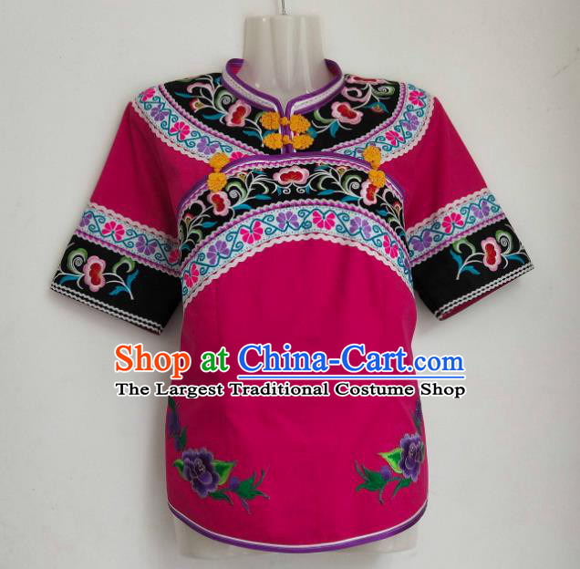 Chinese Guizhou Bouyei Minority Embroidered Shirt Clothing Puyi Nationality Rosy Blouse Ethnic Woman Top Garment