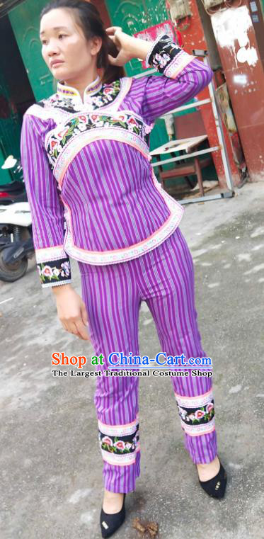 Chinese Yunnan Bouyei Ethnic Female Clothing Traditional Puyi Nationality Embroidered Lilac Blouse and Pants Suits