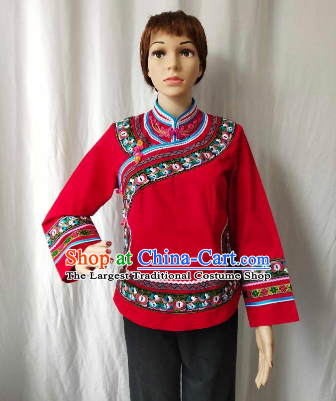 Chinese Guizhou Ethnic Woman Upper Outer Garment Puyi Nationality Blouse Clothing Bouyei Minority Embroidered Red Shirt