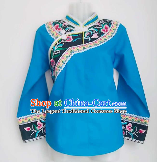 Chinese Bouyei Nationality Blue Blouse Woman Top Garment Guizhou Minority Ethnic Embroidered Shirt Clothing