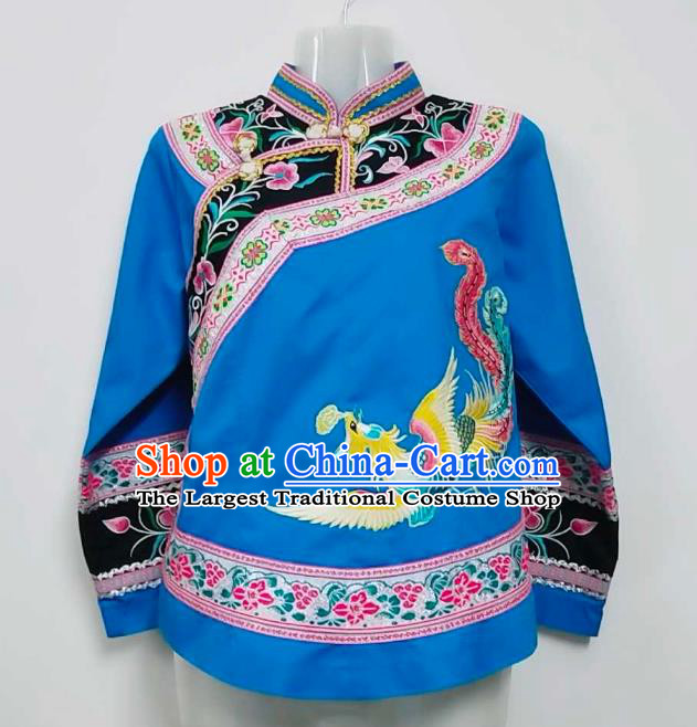 Chinese Guizhou Minority Ethnic Dance Top Wear Bouyei Nationality Embroidered Blue Blouse Garment Clothing