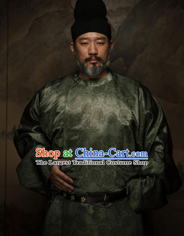 China Ancient Elderly Ministry Councillor Green Round Collar Robe Traditional Tang Dynasty Historical Garment Costume and Hat