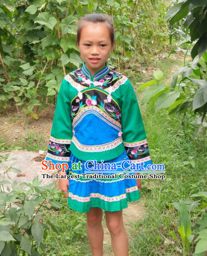 China Bouyei Nationality Green Blouse and Skirt Girls Outfits Traditional Puyi Ethnic Children Dance Clothing