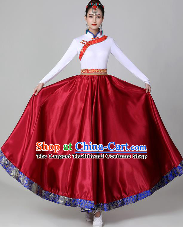 Chinese Tibetan Dance Wine Red Dress Traditional Zang Nationality Suits Ethnic Stage Performance Garments Costume