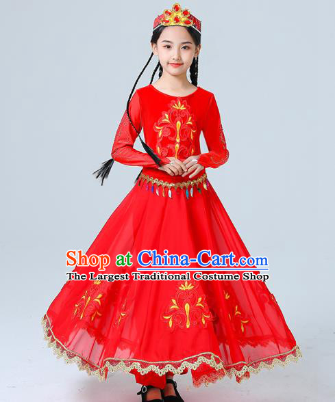 China Uygur Nationality Girls Folk Dance Red Dress Traditional Xinjiang Dance Performance Outfits Clothing