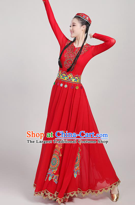 Chinese Xinjiang Dance Red Dress Ethnic Folk Dance Clothing Traditional Uygur Nationality Garments