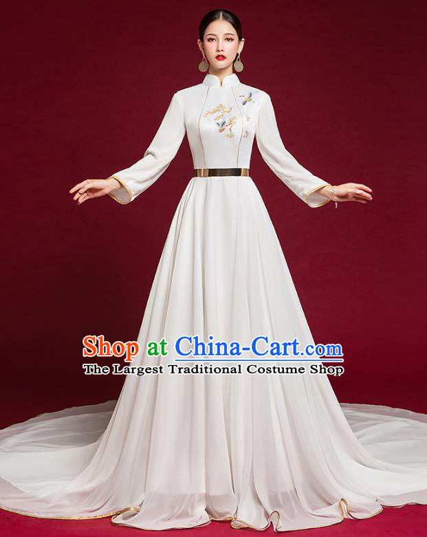 China Catwalks White Fashion Clothing Compere Dress Garment Stage Show Trailing Full Dress