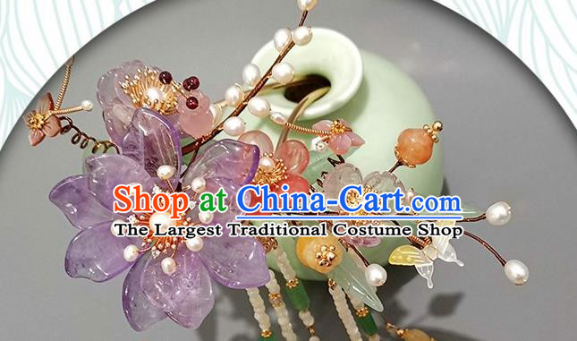 Chinese Ancient Palace Princess Amethyst Peach Blossom Hairpin Traditional Song Dynasty Court Tassel Hair Stick