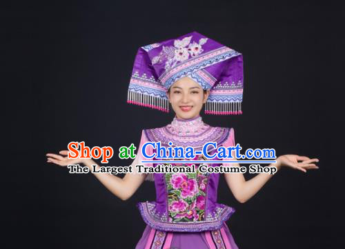 Chinese Guangxi Minority Performance Purple Dress Ethnic Folk Dance Clothing Traditional Zhuang Nationality Garments and Headwear