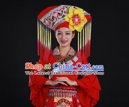 Chinese Ethnic Festival Garment Clothing Traditional Zhuang Nationality Red Suits Guangxi Minority Wedding Dress and Headwear