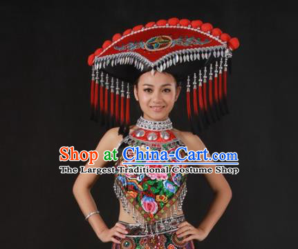 Chinese Guangxi Minority Dress Ethnic Dance Garment Clothing Traditional Zhuang Nationality Performance Suits and Tassel Hat