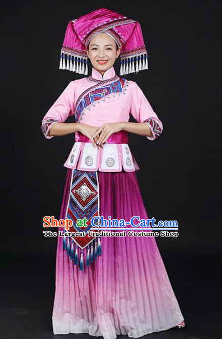 Chinese Zhuang Nationality Performance Garments Guangxi Minority Lilac Dress Traditional Ethnic Dance Clothing and Headdress