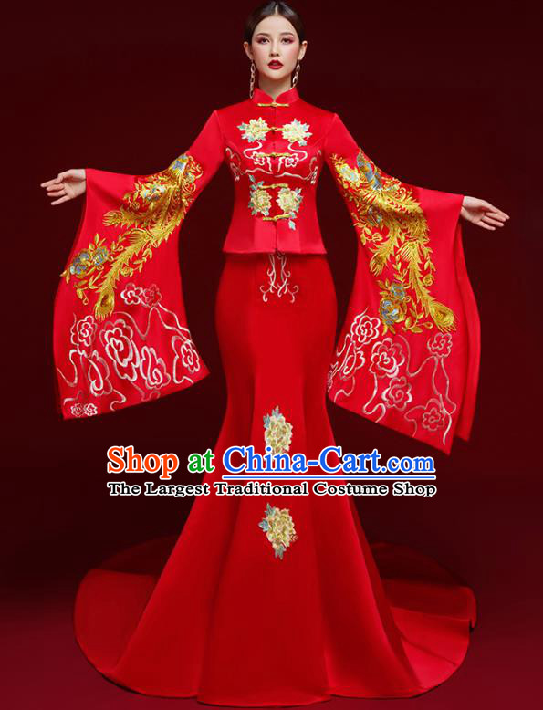 China Wedding Embroidered Red Trailing Full Dress Stage Show Clothing Catwalks Bride Cheongsam Garment