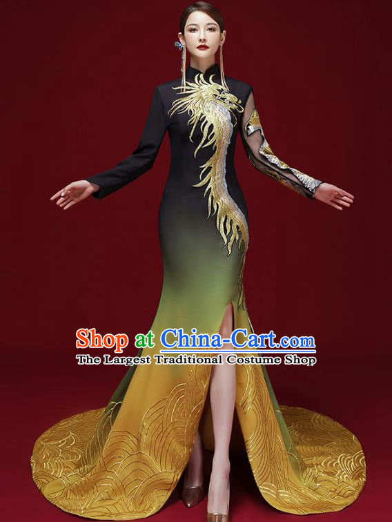 China Compere Trailing Full Dress Stage Show Cheongsam Clothing Catwalks Dress Embroidered Dragon Garment