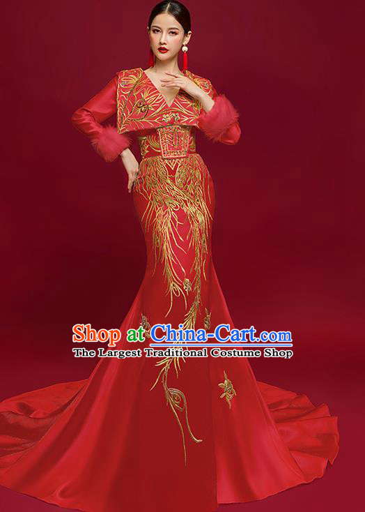 China Catwalks Trailing Full Dress Bride Embroidered Phoenix Wedding Garment Compere Dress Stage Show Clothing