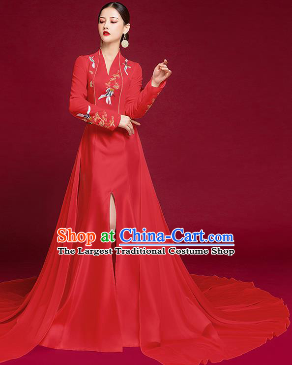 China Stage Show Clothing Trailing Full Dress Catwalks Embroidered Garment Compere Red Dress