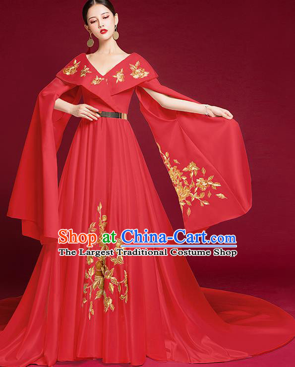 China Compere Red Dress Stage Show Clothing Bride Trailing Full Dress Catwalks Embroidered Garment