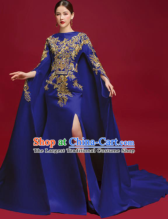 China Catwalks Wide Sleeve Clothing Compere Embroidered Royalblue Dress Garment Stage Show Trailing Full Dress