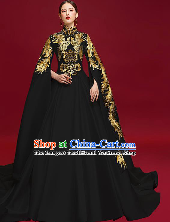 China Stage Show Water Sleeve Full Dress Catwalks Fashion Clothing Compere Embroidered Phoenix Black Dress Garment