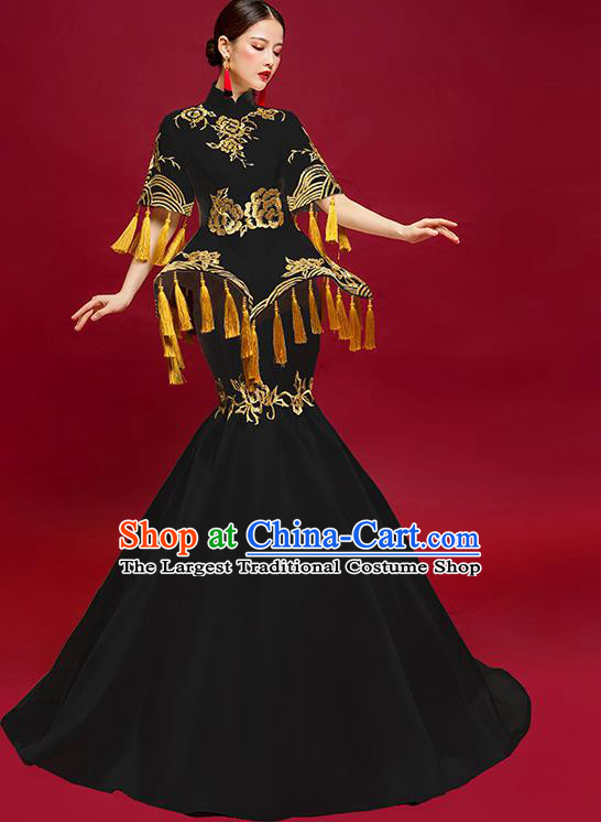 China Catwalks Fashion Clothing Compere Embroidered Black Cheongsam Garment Stage Show Fishtail Full Dress