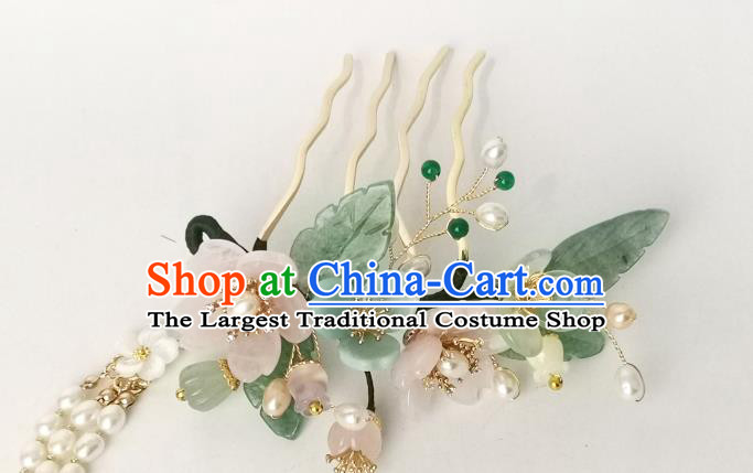 Chinese Ancient Princess Pearls Tassel Hairpin Traditional Ming Dynasty Pink Sakura Hair Comb