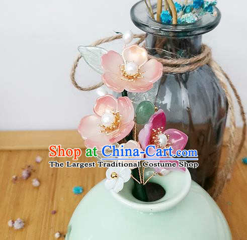 Chinese Ancient Palace Lady Pearls Hairpin Traditional Ming Dynasty Pink Begonia Hair Stick