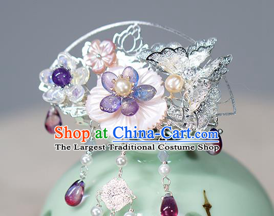 Chinese Ancient Swordswoman Argent Hairpin Traditional Ming Dynasty Shell Flower Hair Crown