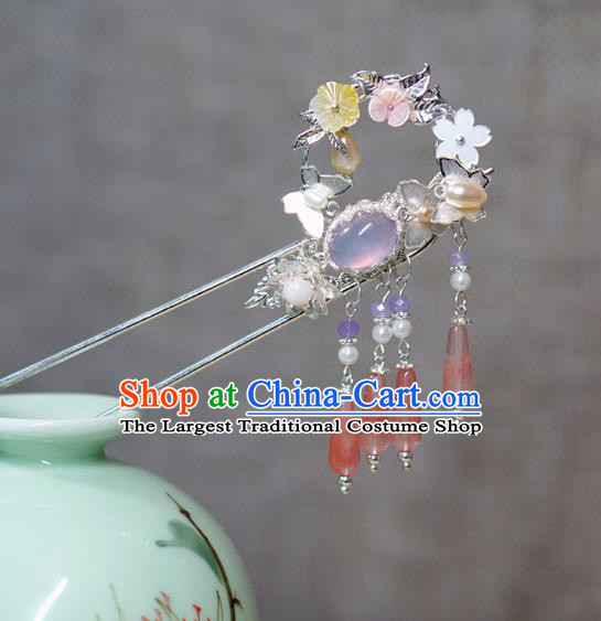 Chinese Ancient Young Lady Argent Hairpin Traditional Ming Dynasty Rose Quartz Hair Stick