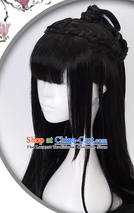 China Ancient Swordswoman Wigs Headgear Traditional Jin Dynasty Young Lady Wig Sheath