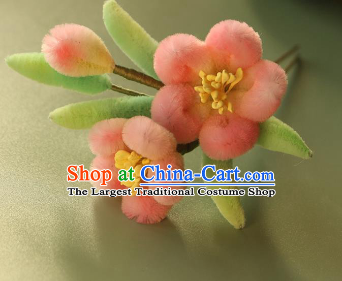 China Ancient Palace Lady Hair Stick Traditional Ming Dynasty Pink Velvet Peach Blossom Hairpin Hair Accessories