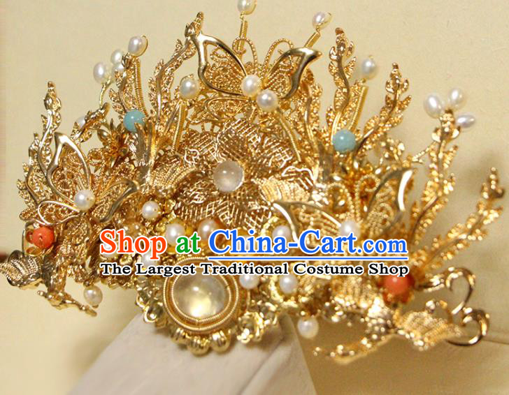 China Ancient Noble Woman Phoenix Coronet Traditional Wedding Hair Accessories Ming Dynasty Golden Hair Crown