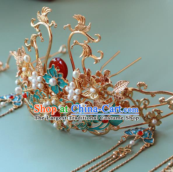 China Ancient Bride Blueing Phoenix Coronet Traditional Wedding Hair Accessories Ming Dynasty Tassel Agate Hair Crown