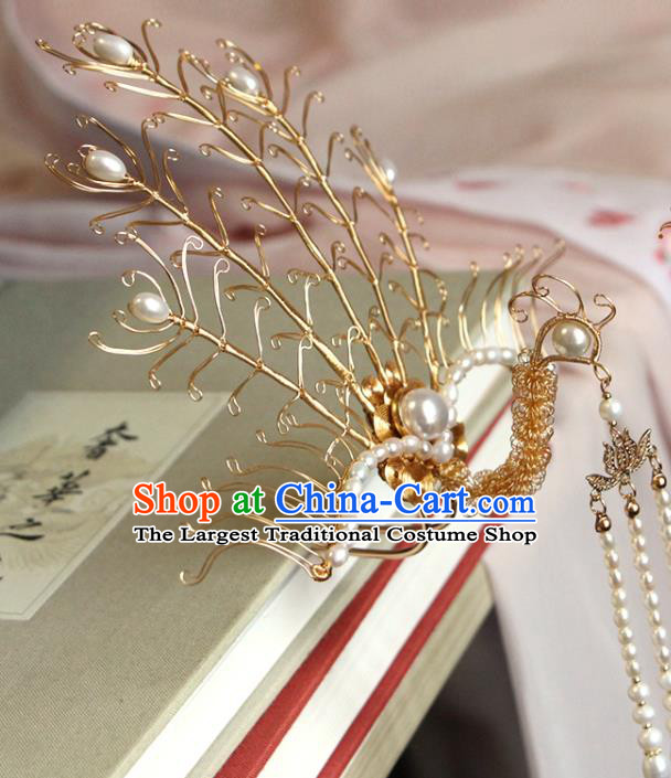 China Ancient Empress Golden Phoenix Hairpin Traditional Hanfu Hair Accessories Ming Dynasty Pearls Tassel Hair Stick