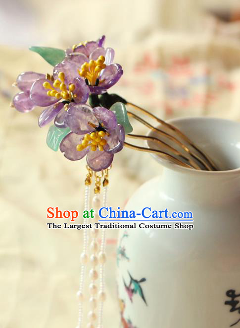 China Ancient Princess Amethyst Peach Blossom Hairpin Traditional Hanfu Hair Accessories Song Dynasty Pearls Tassel Hair Comb