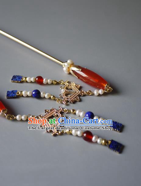 Chinese Ancient Court Woman Agate Hairpin Hair Accessories Traditional Ming Dynasty Empress Pearls Tassel Hair Stick