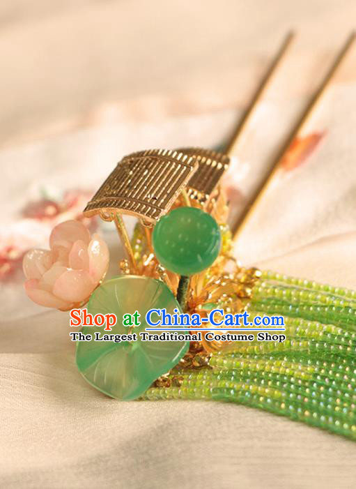 China Ancient Princess Green Beads Tassel Lotus Hairpin Traditional Hanfu Hair Accessories Song Dynasty Golden Boat Hair Stick