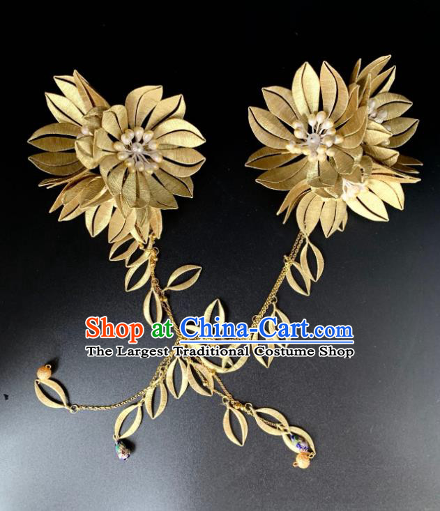 China Handmade Golden Silk Chrysanthemum Hairpin Traditional Hanfu Hair Accessories Ancient Song Dynasty Princess Hair Claw