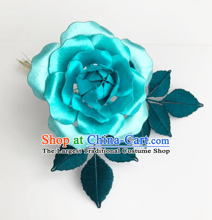 China Handmade Blue Silk Rose Hairpin Traditional Hanfu Hair Accessories Ancient Tang Dynasty Court Lady Hair Stick