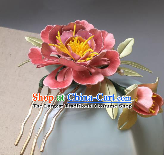 China Ancient Song Dynasty Imperial Concubine Hair Comb Handmade Pink Peony Hairpin Traditional Hanfu Hair Accessories