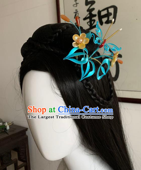 China Handmade Blue Silk Hairpin Traditional Hanfu Hair Accessories Ancient Song Dynasty Princess Shell Plum Hair Crown