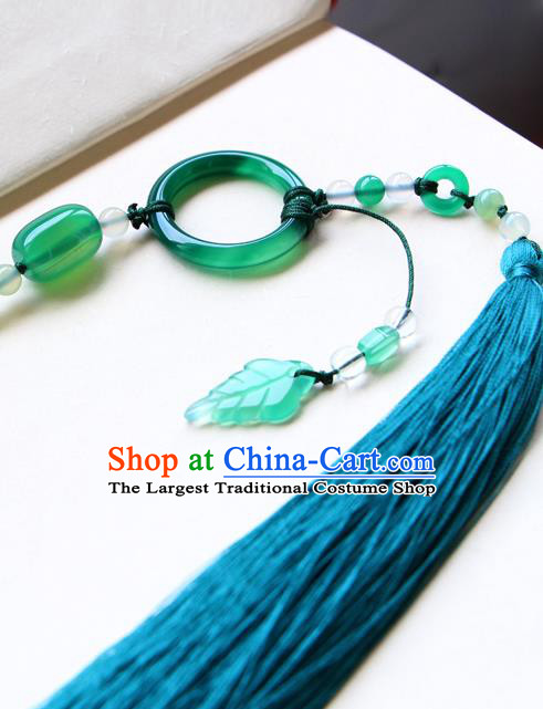 Chinese Traditional Hanfu Blue Tassel Belt Pendant Ancient Swordsman Jade Waist Accessories