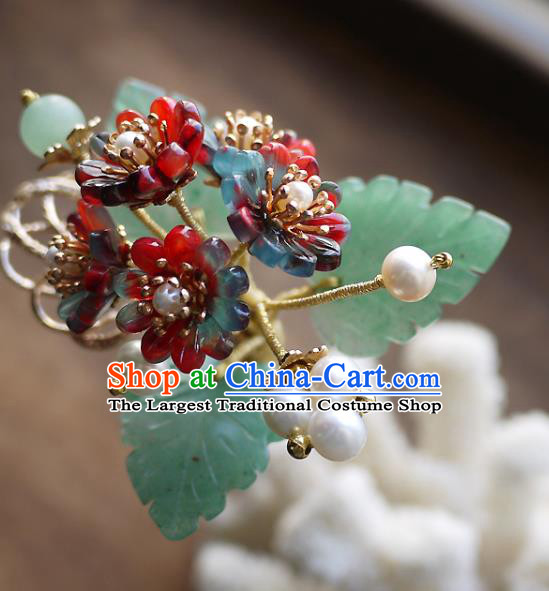 Chinese Ancient Court Beauty Jade Leaf Hairpin Hair Accessories Traditional Ming Dynasty Flowers Hair Stick