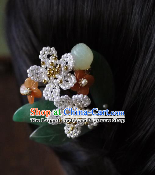 Chinese Ancient Imperial Concubine Jade Hairpin Hair Accessories Traditional Qing Dynasty Pearls Peach Blossom Hair Stick