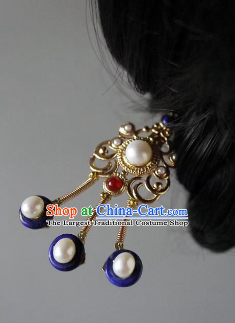 Chinese Ancient Empress Pearls Hairpin Hair Accessories Traditional Qing Dynasty Queen Golden Hair Stick