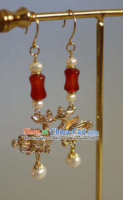 Chinese Ancient Court Woman Golden Phoenix Ear Accessories Traditional Ming Dynasty Empress Agate Pearls Earrings