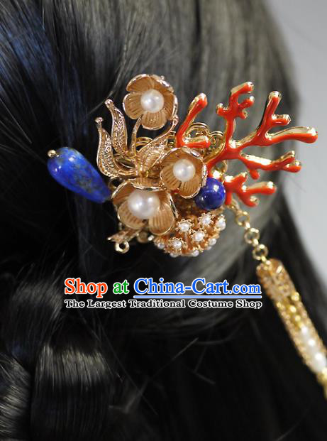 Chinese Ancient Empress Golden Tassel Hairpin Traditional Qing Dynasty Queen Coral Hair Stick