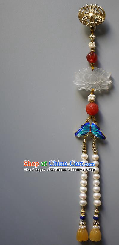 China Traditional Cheongsam Jade Lotus Accessories Ancient Qing Dynasty Pearls Tassel Brooch Pendant