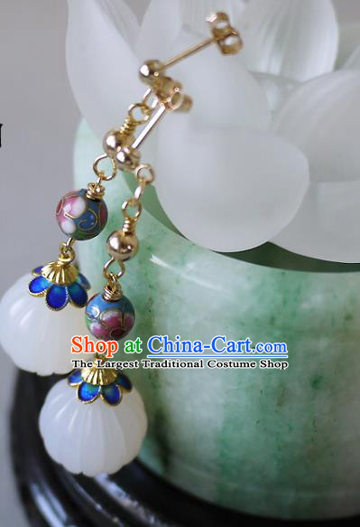 Chinese Ancient Qing Dynasty Empress White Jade Ear Accessories Traditional Cheongsam Enamel Earrings