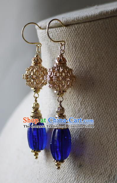 Chinese Ancient Qing Dynasty Palace Lady Ear Accessories Traditional Cheongsam Golden Lantern Earrings