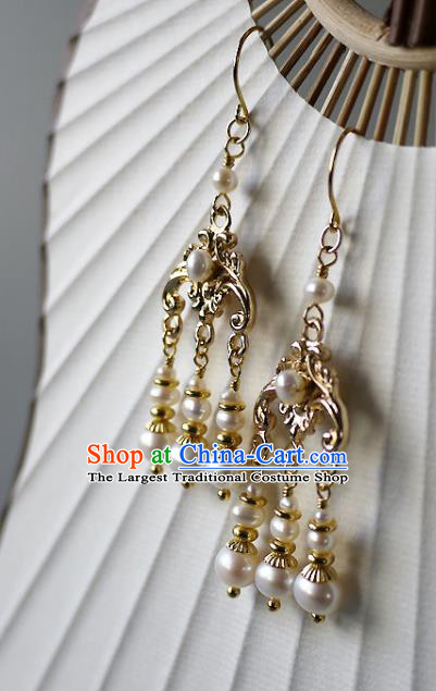 Chinese Ancient Empress Pearls Tassel Ear Accessories Traditional Qing Dynasty Court Golden Earrings